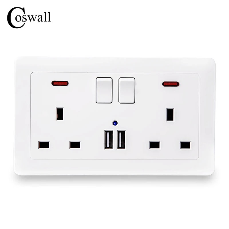 

Coswall Wall Power Socket Double UK Standard Outlet Switched 2.1A Dual USB Charger Port LED indicator 146mm*86mm