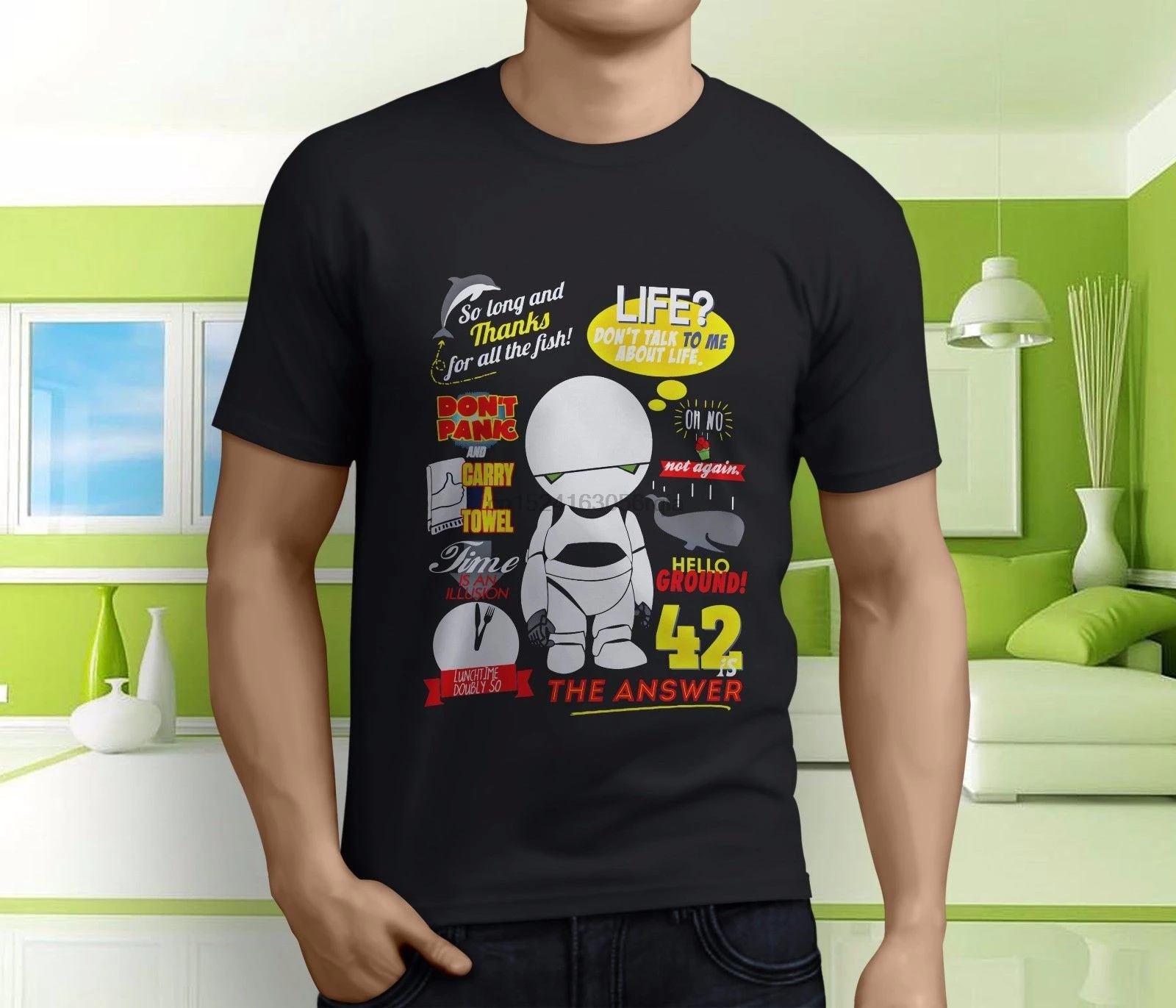 

New Cool Hitchhikers Guide To The Galaxy Marvin Mens Black T-Shirt Size S-3XL