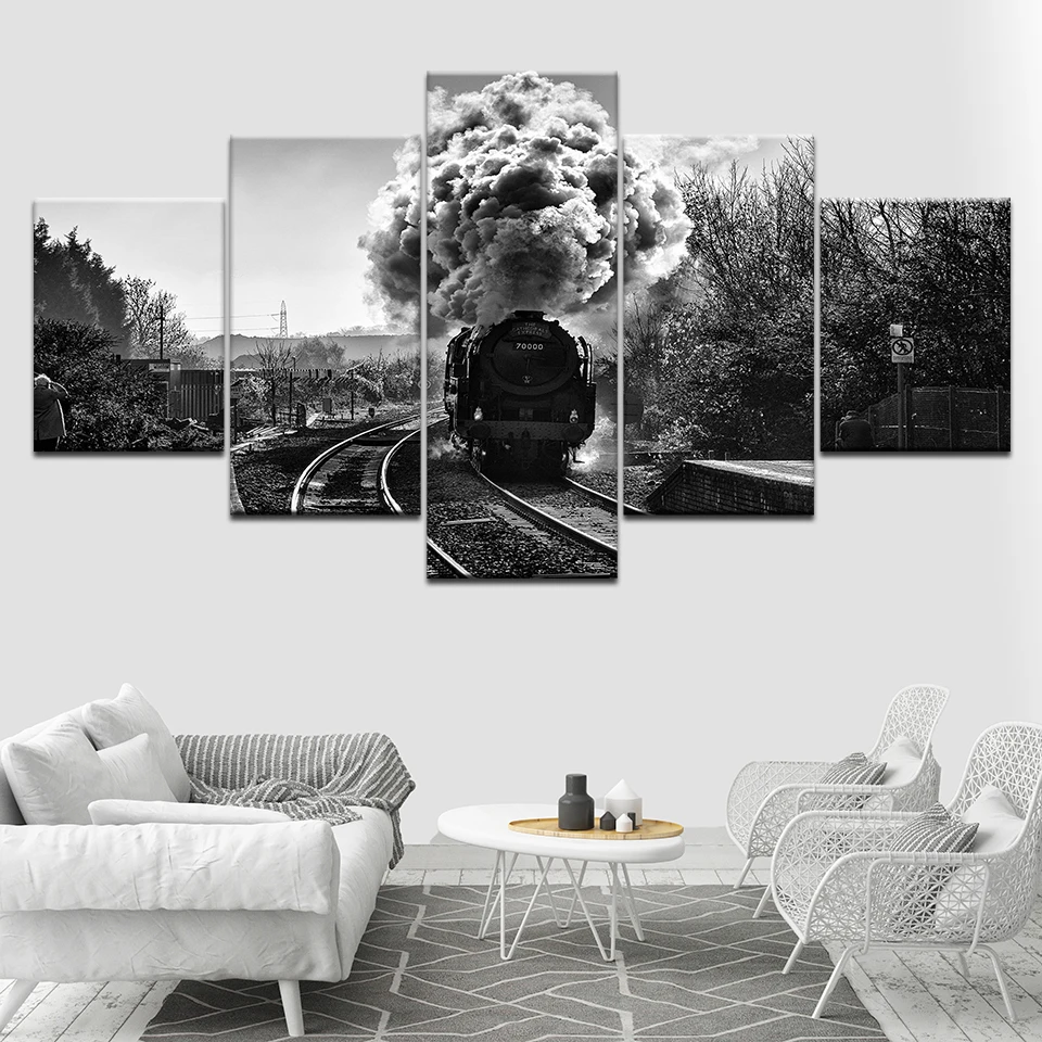 

Canvas Painting Wall Art Pictures 5 Pieces monochromatic steam train Modular Wallpapers Poster Framework Print for Home Decor