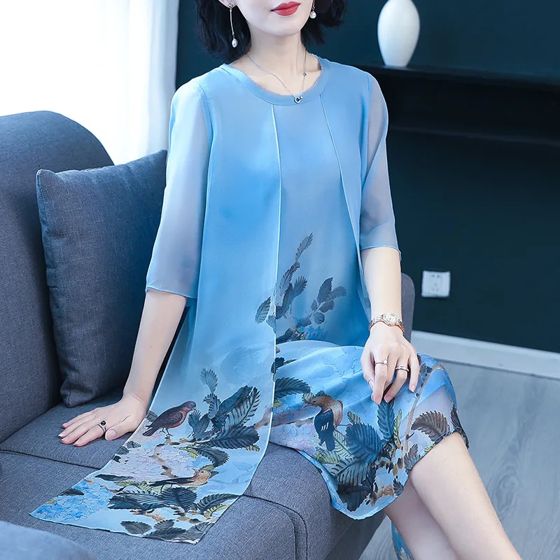 

Large Size Women's Imitation Silk Dress Summer 2019 Mother's Flower Printed Middle-aged Woman Dresses