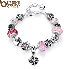 BAMOER Silver Strand Bracelet Red European Glass Beads Bracelet for Women with Heart Purse Crown Female Bracelet Jewelry PA1874