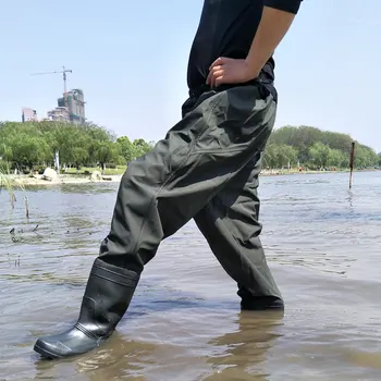 

High-Jump 0.75mm Waist Breathable Mesh Fishing Waders Thickning Waterproof One-Piece Suits PVC Boots Soft Soles Fishing Waders