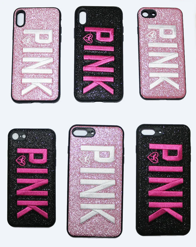

Luxury Embroidery 3D Pink Letter Case for iPhone 7 8 6 6S Plus X XR XS MAX Glitter Metal Square Phone Cases for Samsung Note 9