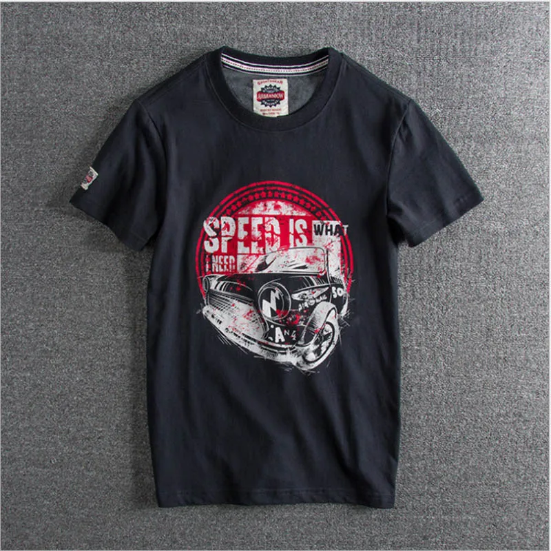 

New Water-washed Retro-polished Auto Printed Foreign Trade Single Men's T-shirt with Round Neck and Short Sleeve in Summer TOPS