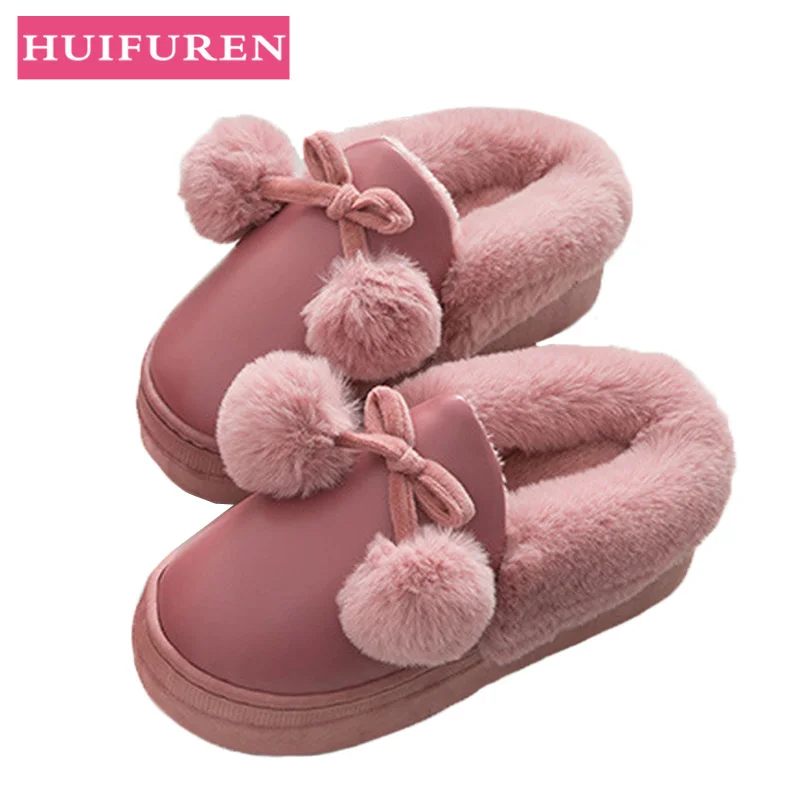 

2018 winter new high heels thick bottom cotton towing lady PU waterproof cartoon lovely home warm cotton slippers