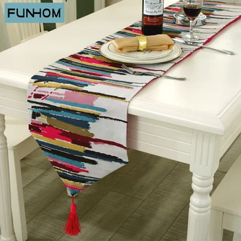 

European High Grade Linen Cotton Colorful Jacquard Strip Table runner placemats upscale fabric coffee table flag bed runner