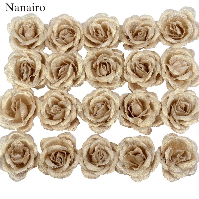 10pcs 4cm Silk Gold Artificial Rose Flower Heads Decorative Flowers for Wedding Home Party Decoration Mini DIY Fake Flower Wall