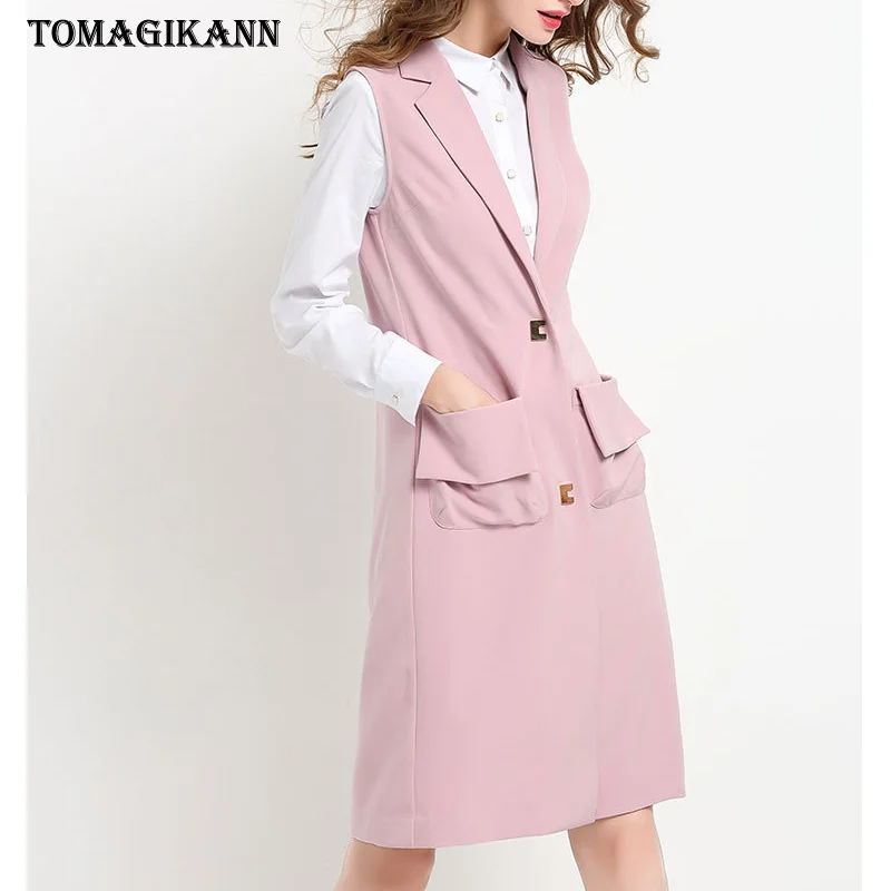 

Women Solid Pockets Long Suit Vest Coat 2019 Korean Back Brooch Turn Down Collar Single Breasted Waistcoat femme colete Tops