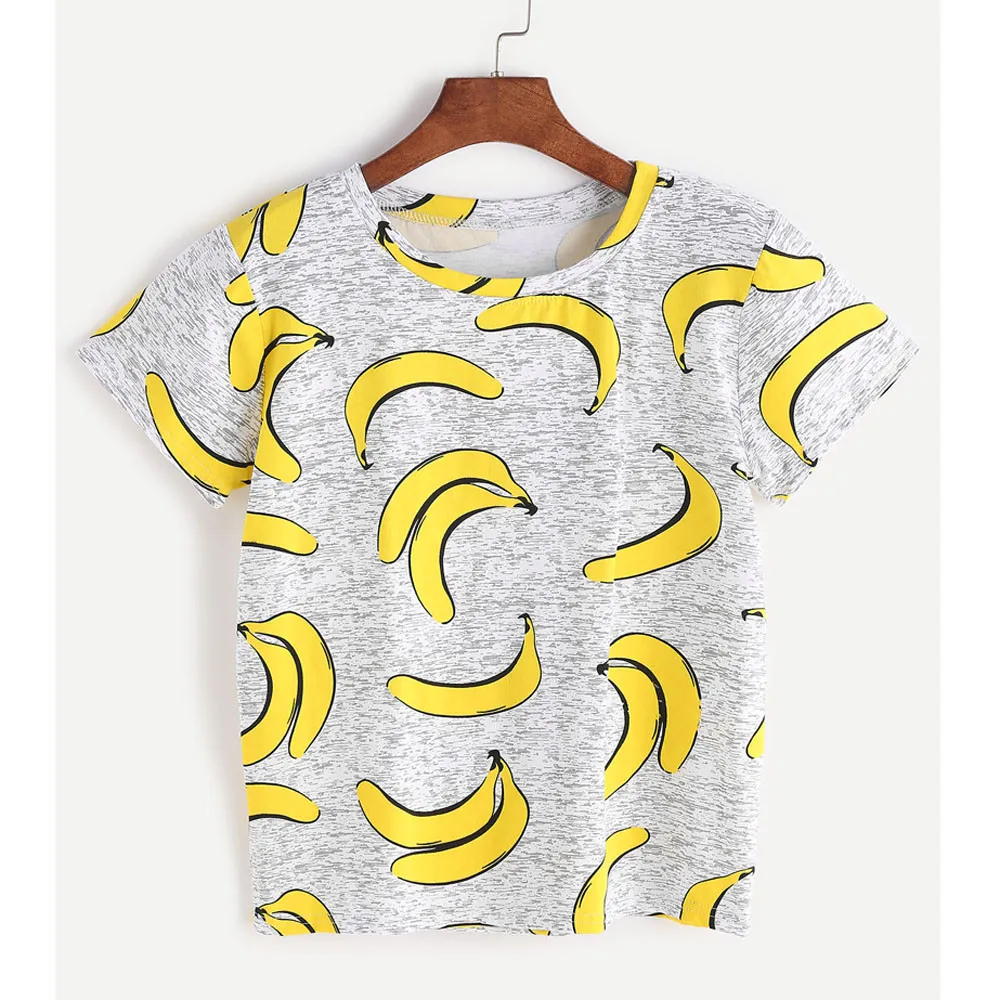 Женская летняя футболка с коротким рукавом, модная футболка с принтом банана, серый хлопок, Свободный Топ для отдыха, женская рубашка# FI
