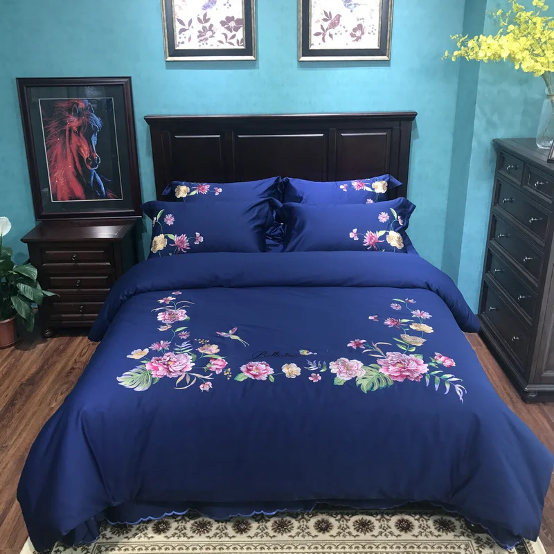 

100% egyptian cotton bedding sets with duvet cover bed sheet bed cover sheets linen 4pcs satin Embroidery bedsheet home textile