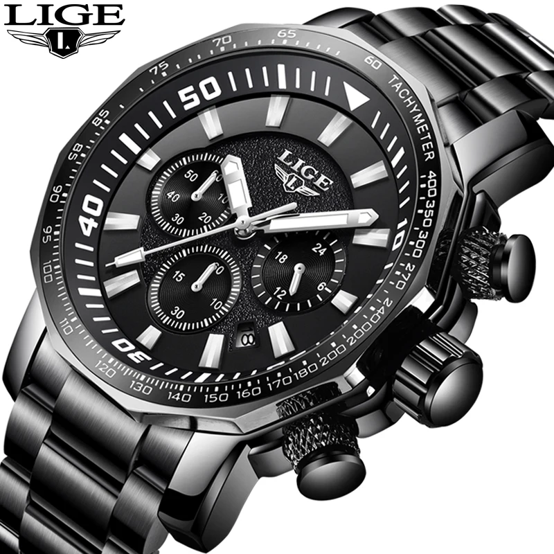 LIGE Mens Watches Top Brand Luxury Men's Military Waterproof Sports Watch Stainless Steel Large Quartz Wathes Relogio Masculino