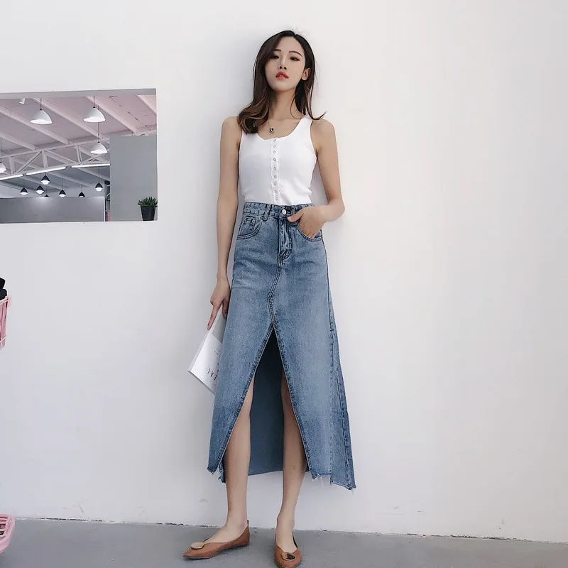 EXOTAO Irregular Mid Long Saia Feminina Cintura Alta High Split Chic A-Line Jeans Skirt Sexy Stretch Denim Skirts 2018 Vintage EXOTAO Irregular Mid Long Saia Feminina Cintura Alta High Split Chic A-Line Jeans Skirt Sexy Stretch Denim Skirts 2018 Vintage