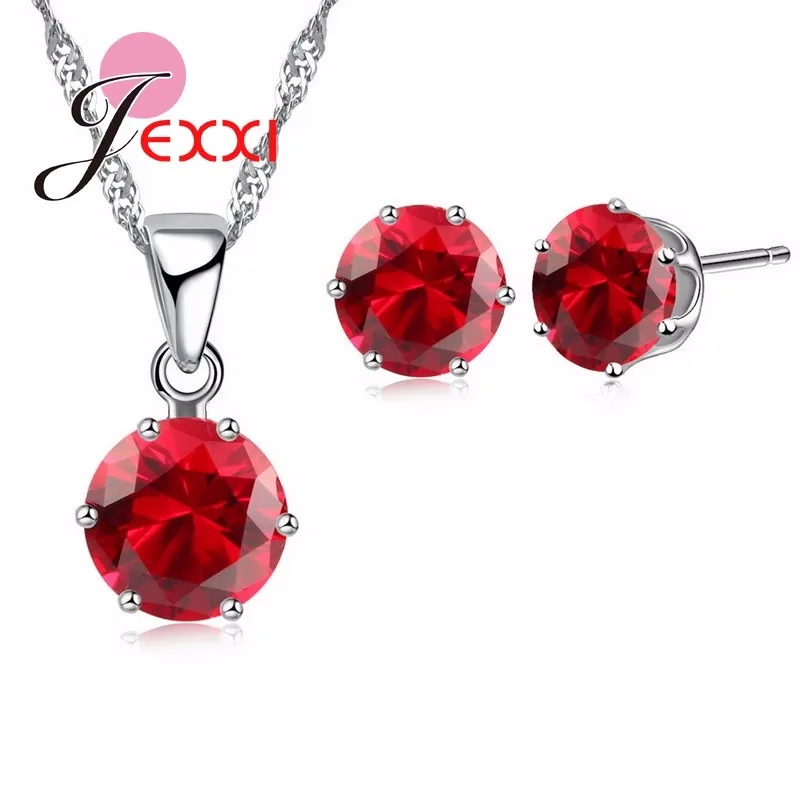 

17 Color 925 Sterling Silver Color Cubic Zirconia Round Drop Necklace Brincos Stud Earrings for Women Wedding Jewelry Sets