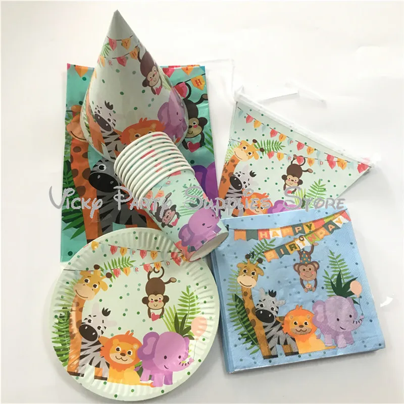 

57pcs/lot Cartoon Zoo Animals Disposable Tableware Set Jungle Theme Party Bithday Baby Shower Party Decoration Supplies
