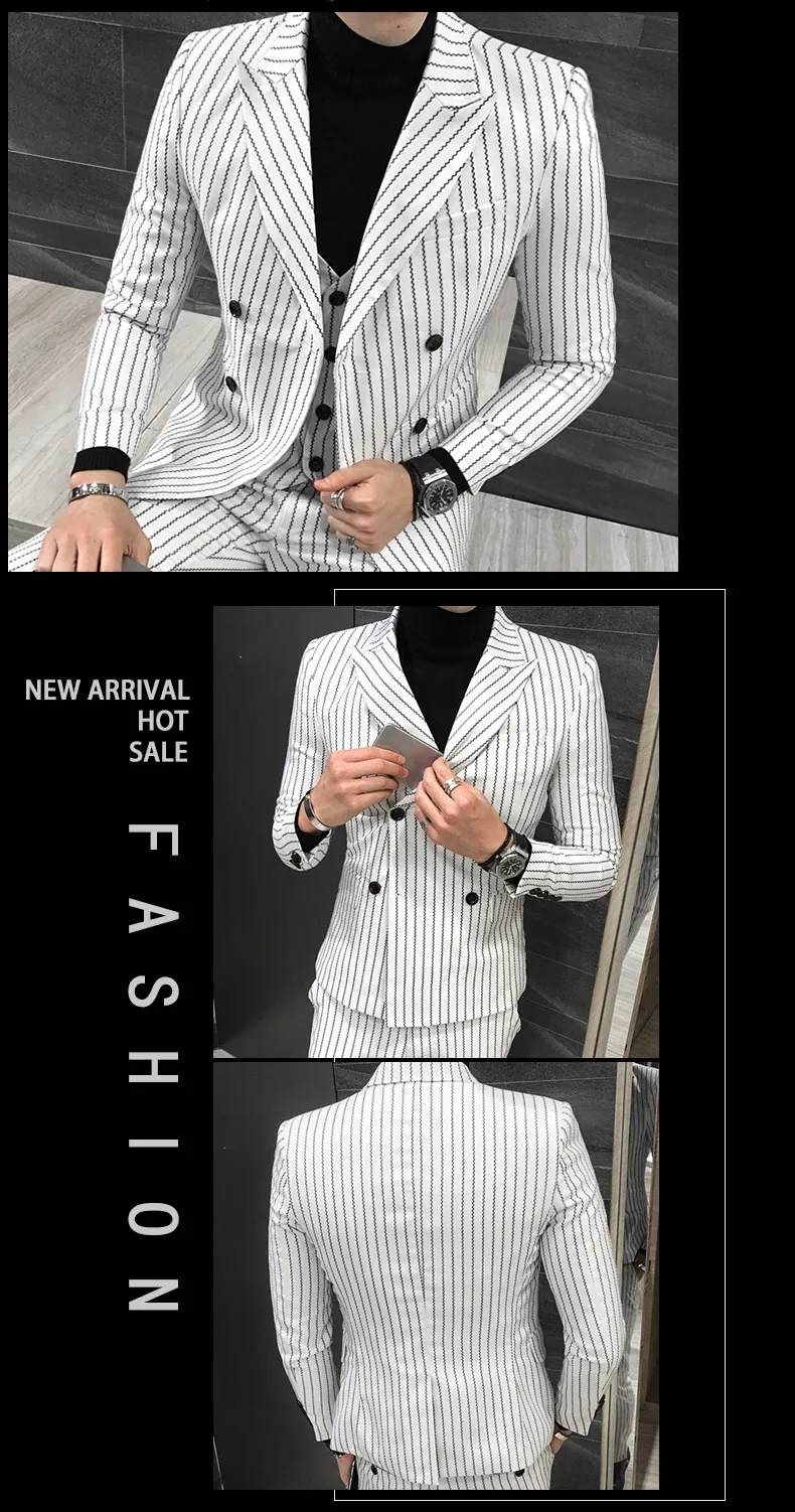 Размер S-5XL(пиджак+ жилет+ брюки) мужской двубортный костюм Модный Полосатый Свадебный костюм жениха/мужской повседневный деловой костюм