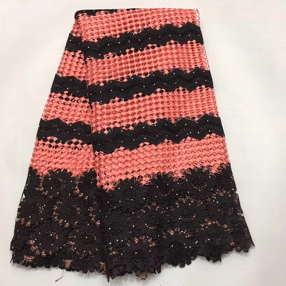

High quality Peach black stone nigerian wedding african lace fabric/100% Cotton lace fabric for wedding party