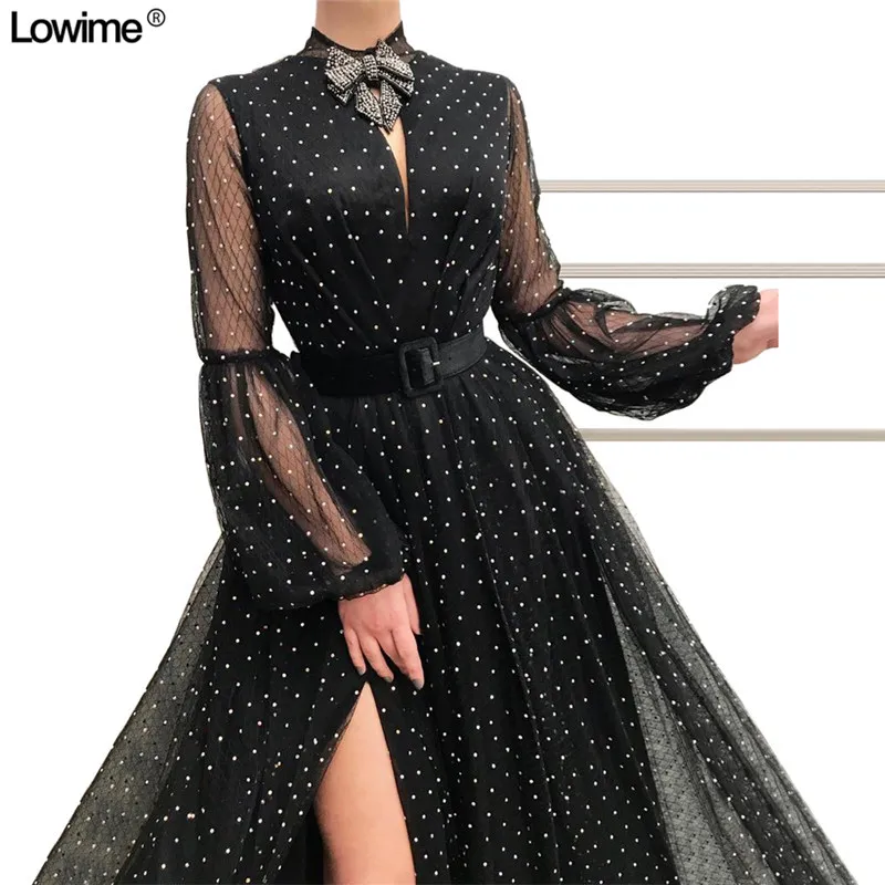 Lowime Abiye Gece Elbisesi Dubai Evening Reflective Dresses A-Line O-Neck Sexy Split Prom Party Dress Long Sleeves Vestidos (2)