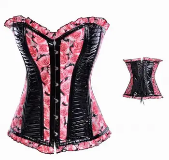 

Black Sexy Corset - Women Fashion Rose Floral Print Bustier Corset Top Skiny Leather Corset 3S3124