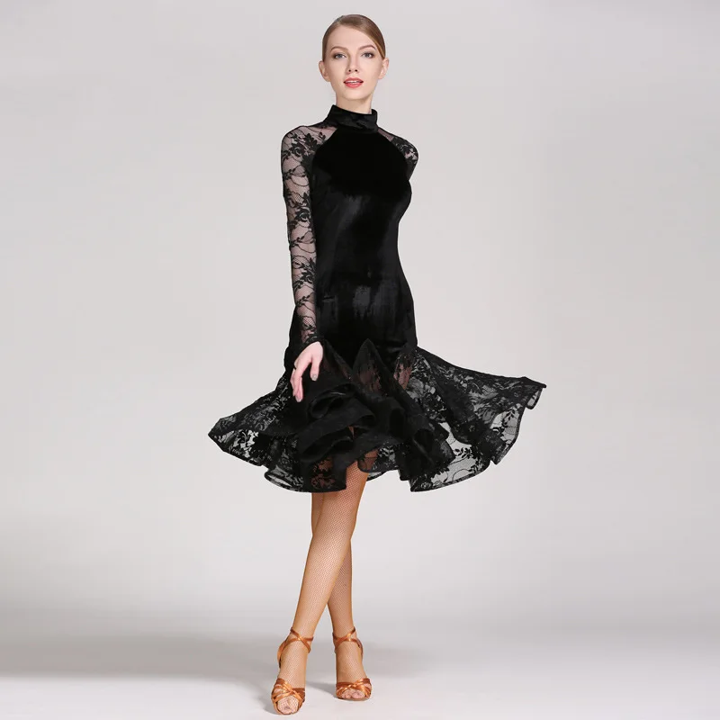 Кружевное латинское бальное платье современный латинский танцевальный костюм танцевальные платья для женщин танго платье для танцев латино женское платье для сальсы Румба - Цвет: Черный