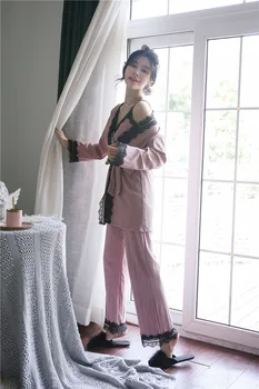 

3 Piece Sets Autumn Winter Sexy Women Velvet Striped Lace Cardigan Slim Camisolo Loose Pants Pajama Sets cotton sleepwear