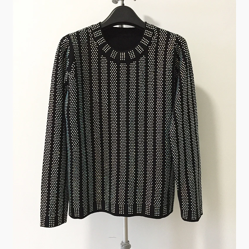 HIGH QUALITY New Fashion 2018 Designer Sweater Women's Long Sleeve Luxurious Diamonds Beaded Pullover Sweater