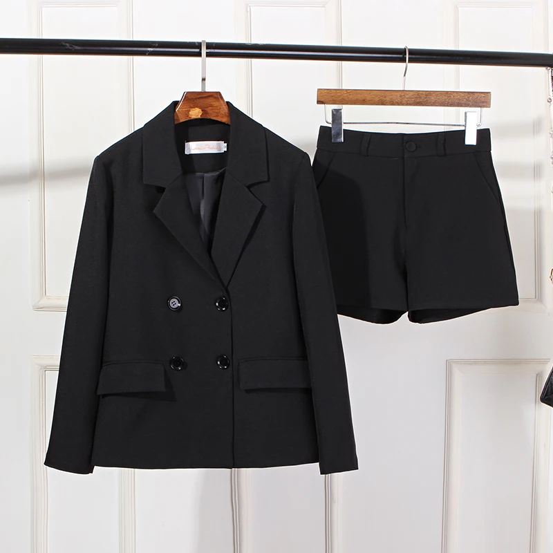 Черный Женский блейзер, высококачественный повседневный костюм с длинными рукавами, офисный костюм с шортами с высокой талией, женский