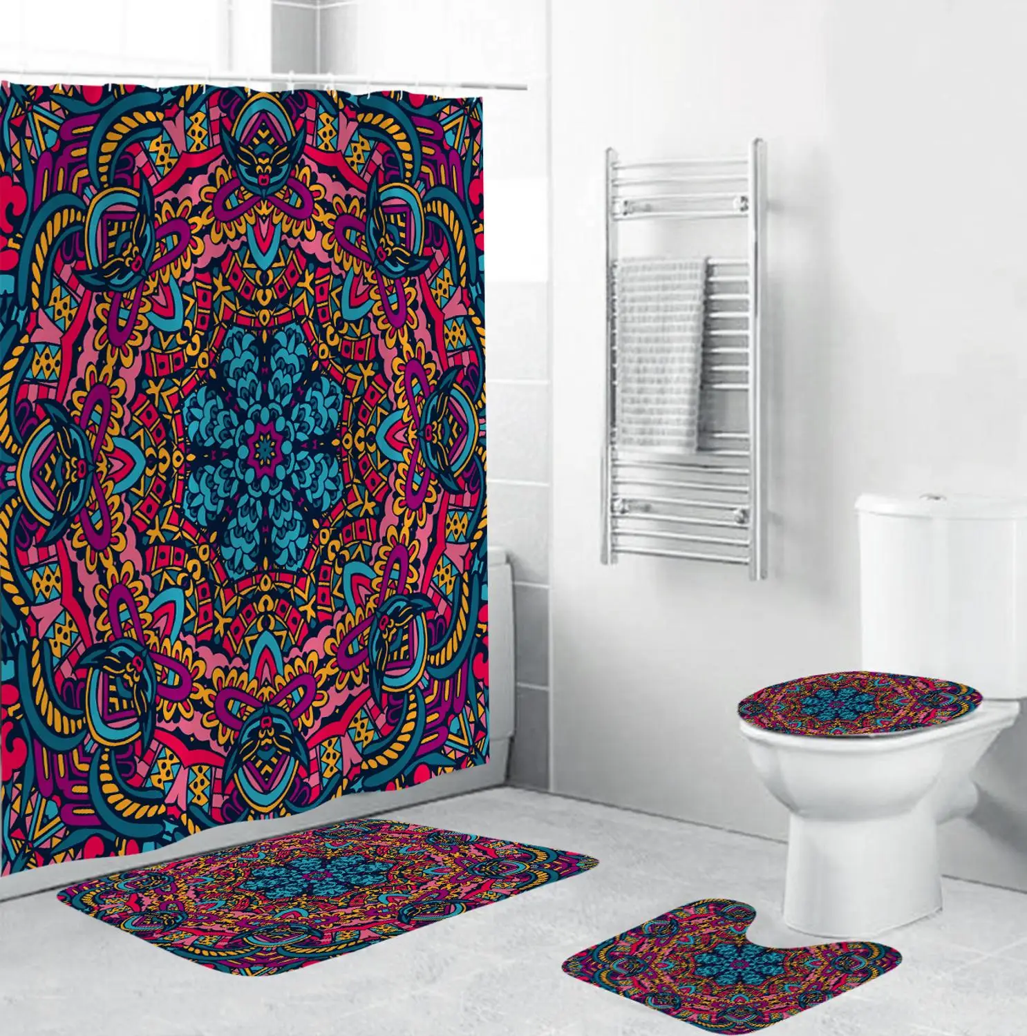

4pcs/set Bohemia Printed Pattern Shower Curtains Pedestal Rug Lid Toilet Cover Mat Bath Mat Set Bathroom Curtains with 12 Hooks