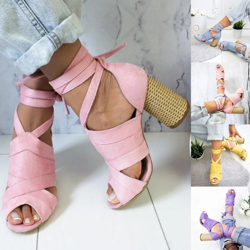 

Ladies Summer Casual Pop Youth Delicate High Heels Sandals Solid Color Cross Strap Size 34-43