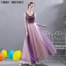 Без рукавов Фиолетовый Вечерние платья Тюль с кружевными цветами халат Soiree Longue Femme 2018 Robe De Soiree Vestidos De Festa