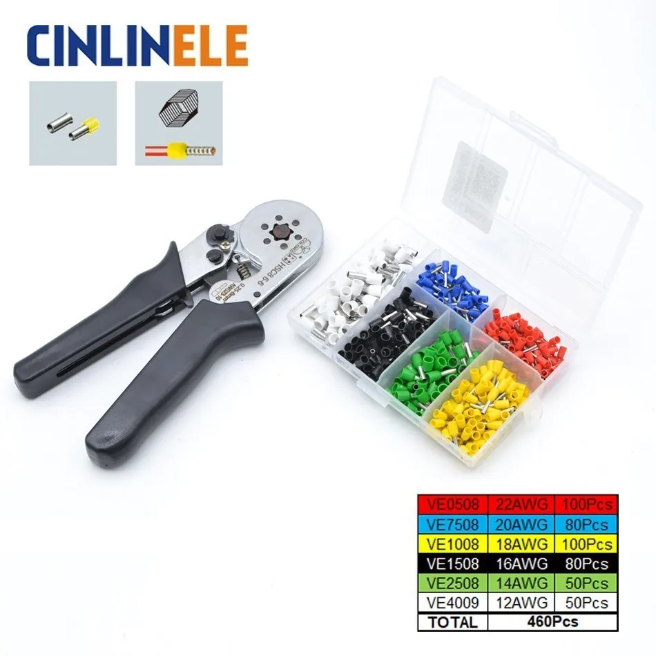 

Free Shipping HSC8 6-6 + Tube Bootlace Terminals 460Pcs 0.25-6mm 23-10AWG Self Adjustable Hexagon Crimp Pliers Hand Tools