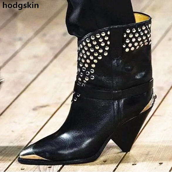 

Black Genuine Leather Wedges Heel Metal Women Ankle Boots Chunky Spikes Heels Sliver Rivets Gllitter V Shape Shoes Woman