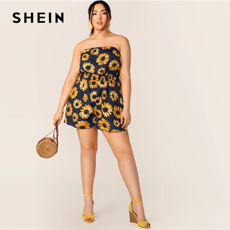 SHEIN плюс комбинезон с принтом подсолнуха гофрированная Талия без рукавов