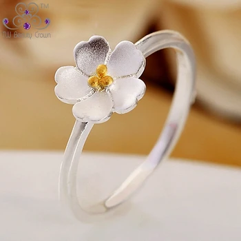 

1 Pc Real 925 Sterling Silver With Yellow Gold Color Cherry Blossoms Flower Love Heart Middle Finger Tail Ring For Women Female