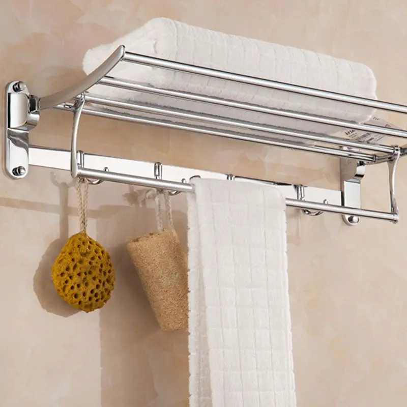Wall Mounted Towel Rack 4 Hooks Hanger Bar Shelf Rail Holder Storage Bathroom Hotel Stainless Steel