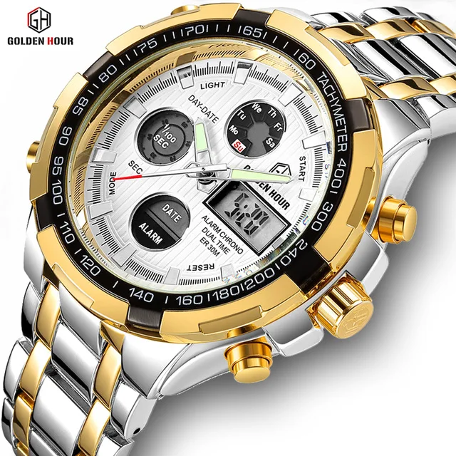 Relógio de Quartzo dos Homens Relógios de Pulso à Prova Goldenhour Luxo Clássico Negócio Moda Dupla Exibição Aço Inoxidável Dwaterproof Água Masculino