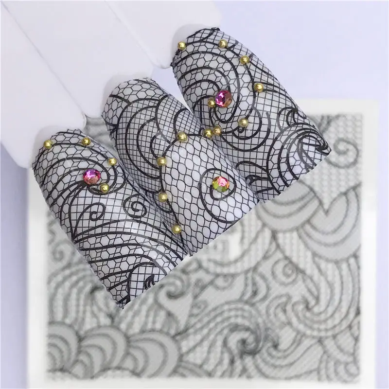 YZWLE лето кружевной Цветочный дизайн ногтей Наклейка переводная вода белый черный Типсы для женщин макияж татуировки