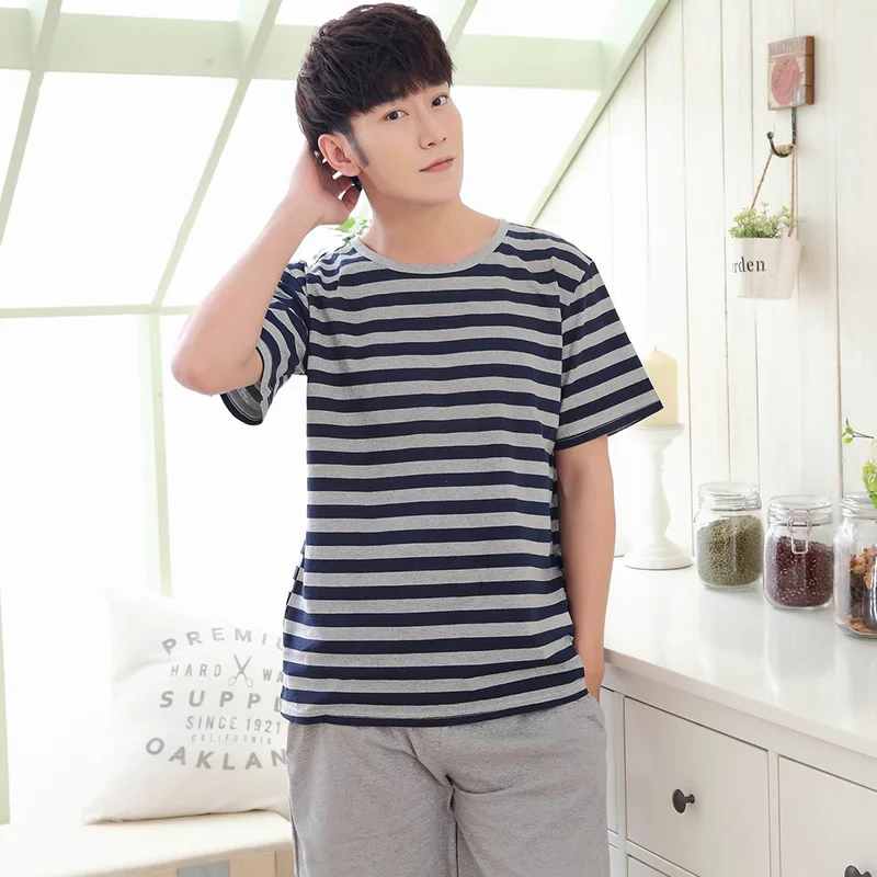 Men 's pajamas summer cotton short sleeved pajamas casual stripes XL