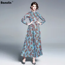 Banulin Runway Vestidos Longo Женский цветочный принт весна осень Плиссированные Платья с цепочкой Элегантное синее платье макси с длинным рукавом