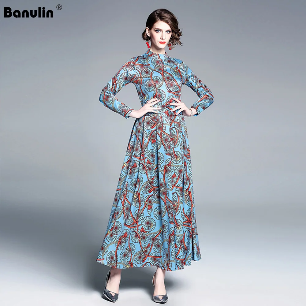 

Banulin Runway Vestidos Longo Women's Flower Print 2019 Spring Autumn Pleated Chain Dresses Elegant Blue Long Sleeve Maxi Dress