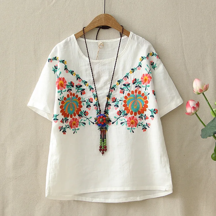 Летняя льняная футболка Mori Girl, женские топы с цветочной вышивкой, ретро дышащие хлопковые футболки с коротким рукавом, свободные, высокое качество - Цвет: Белый