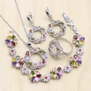 

Silver Color Jewelry Multicolor Cubic Zirconia Jewelry Sets For Women Hollow Earrings/Pendant/Necklace/Ring/Bracelet