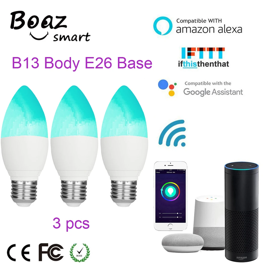 

Boaz 3pcs Wifi Bulb Candle Light RGBW Smart life E26 Bulb B13 Voice Speaker Control Alexa Echo Google Home IFTTT Tuya Smart