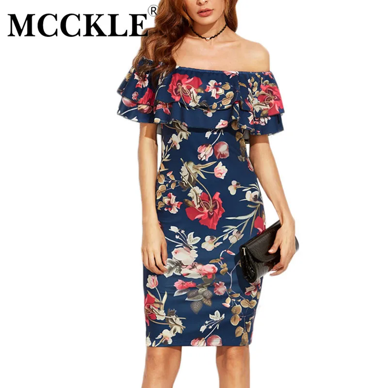 Buy Cheap MCCKLE 2017 Elegant Woman Short Sleeve Multicolor Floral Print Off The Shoulder Ruffle Sheath Dresses summer beach dress