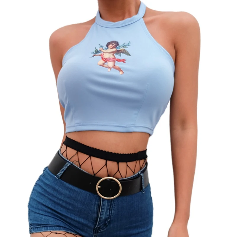 

Women Angle Print Halter Backless Sleeveless Camis Pink Blue Color Female Sexy Fitness Crop Tank Tops 2019 New Arrivals