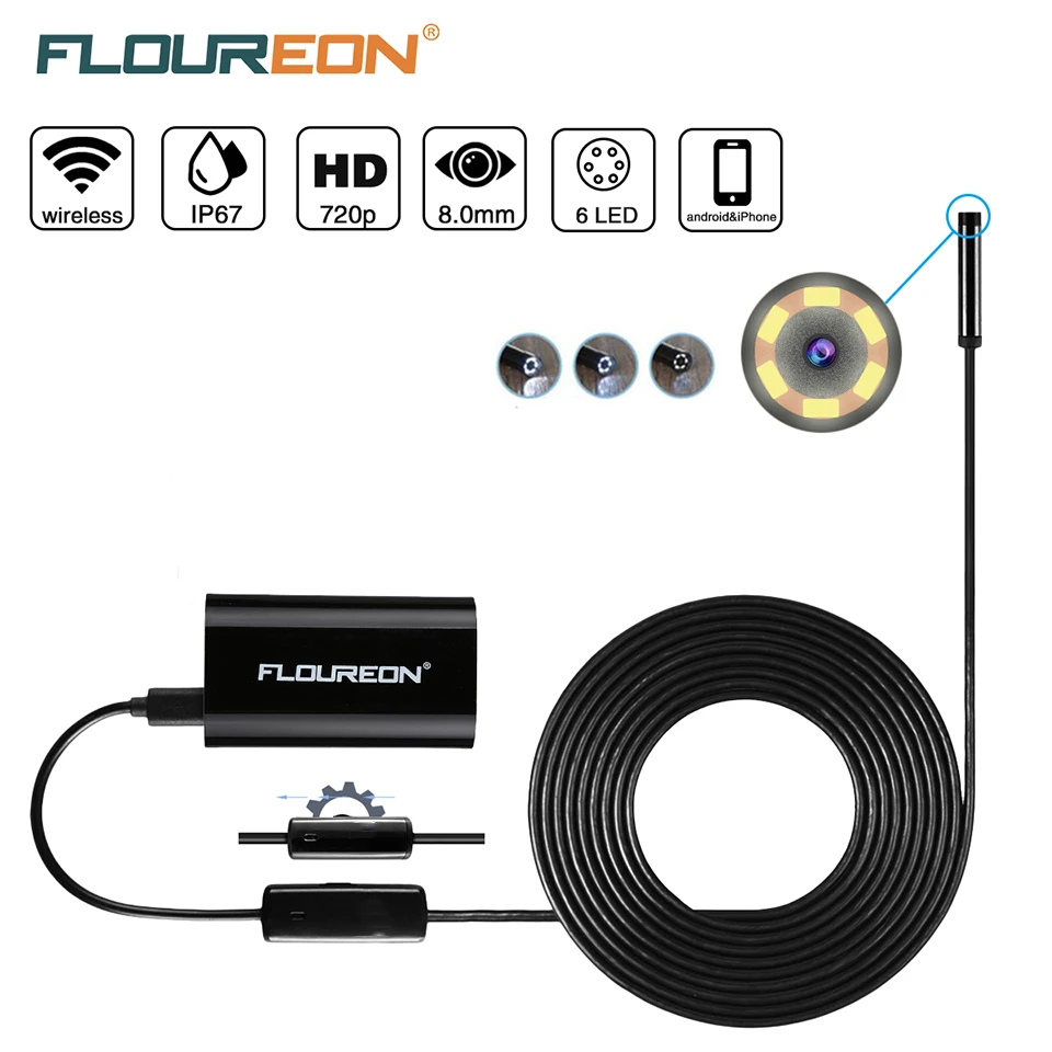 

FLOUREON Wireless 8mm Endoscope 720P Borescope Flexible Waterproof USB soft Wire Snake Camera Video Inspection For IOS Android