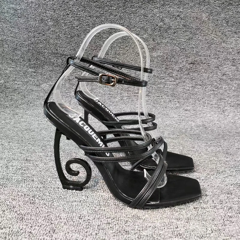 

Novelty Women sandals Strange Style With Symbols High Heels Square Pointed Back Strap With Buckle Party Shoes