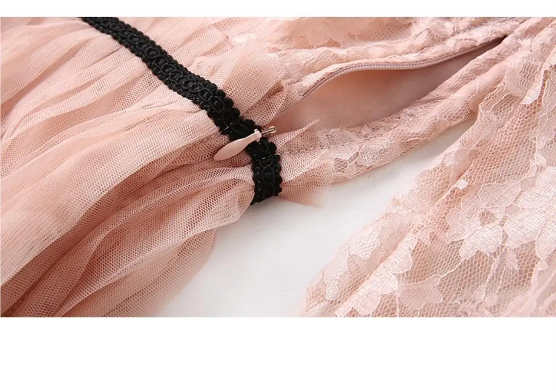 Summer Hollow Pleated Gauze Lace Dress Women Long Sleeve Princess Dress Moda Mujer 2018 Midi Party Dress Strand Jurkjes