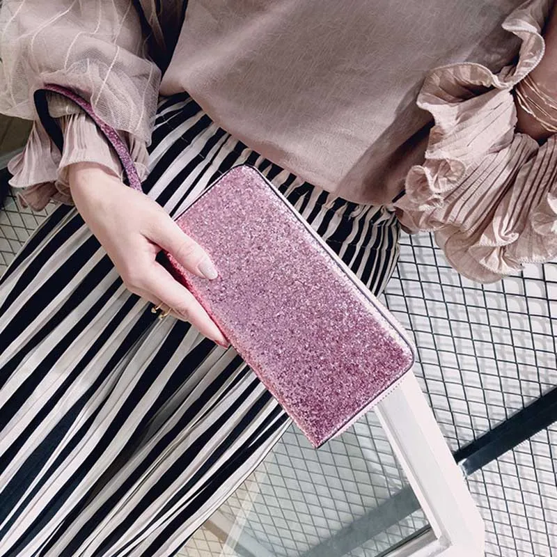 

Hot Selling Women Long Wallet Sparkly Sequins PU Leather Bag Hand-held Phone Card Holder -B5