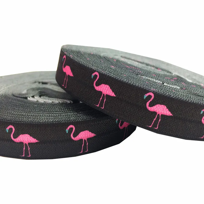 

10 yards 5/8" Pink Flamingo Print Fold Over Elastic Black FOE Ribbon Clothing Accessories DIY Headwear Elastic Band