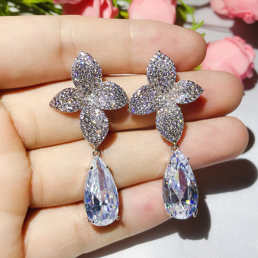 

Rose Flower Big Leaf Design Cubic Zironcia Stone 925 Sterling Silver Water Drop Earring For Women Accessories Wedding Jewelry